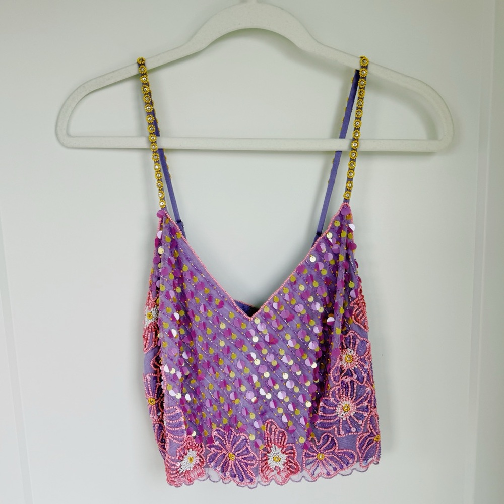 MAJORELLE Purple and Pink Sequin Floral Camisole with Gold-Strap Accents